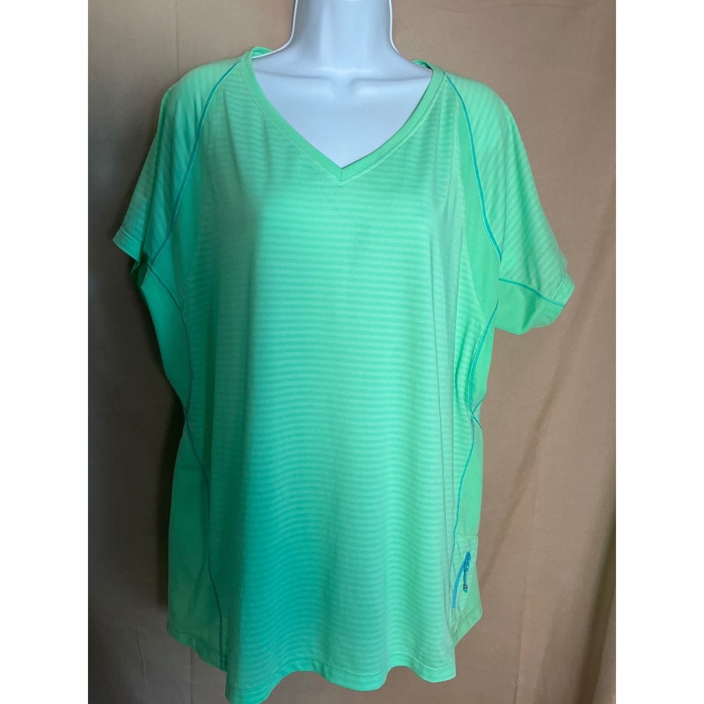 Kirkland Activewear Top Women 2XL Mint Green Excellent Striped V-Neck Pocket